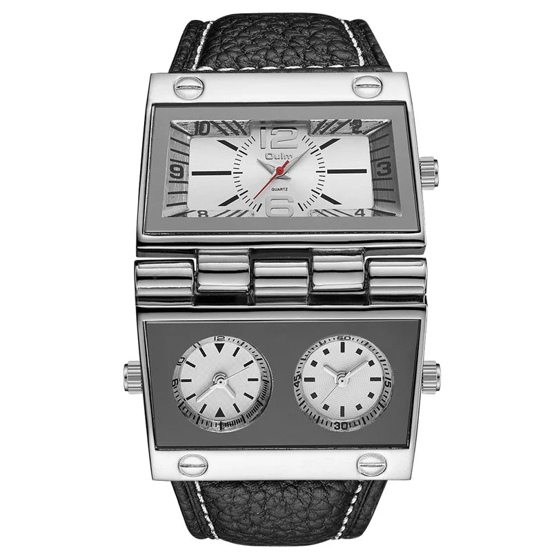 OULM 9525 Big Unique Design Male Watch Three Time Zone Unique Men's Military Watches Punk Style Leather Strap Wristwatch - Sun Studio