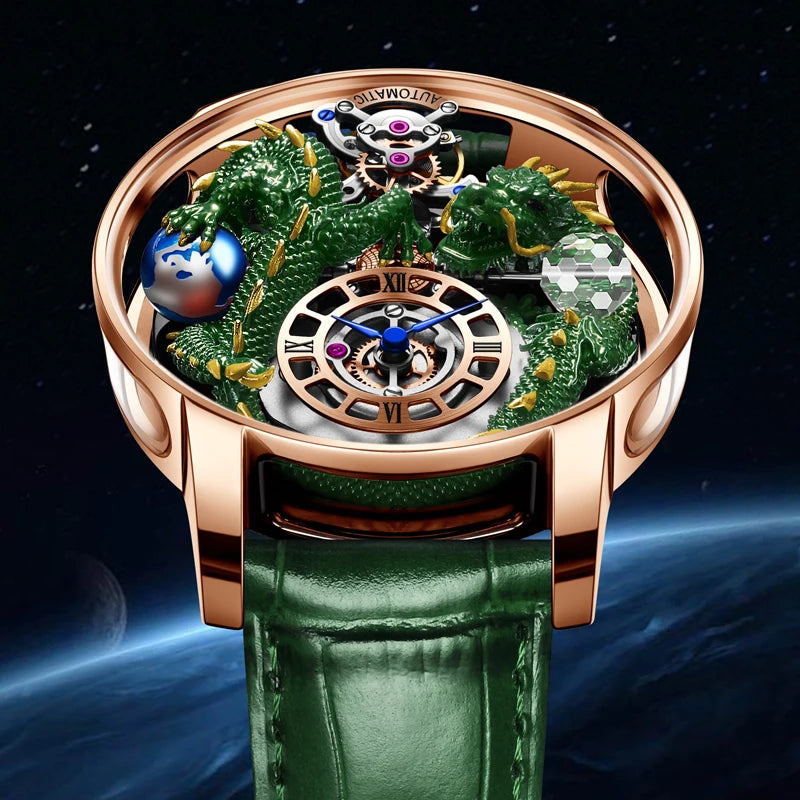 PINDU Design New 3D Dragon Earth Theme Quartz Watches Men Celestial Series Curved Mirror Transparent Design Watch Wristwatches - Sun Studio