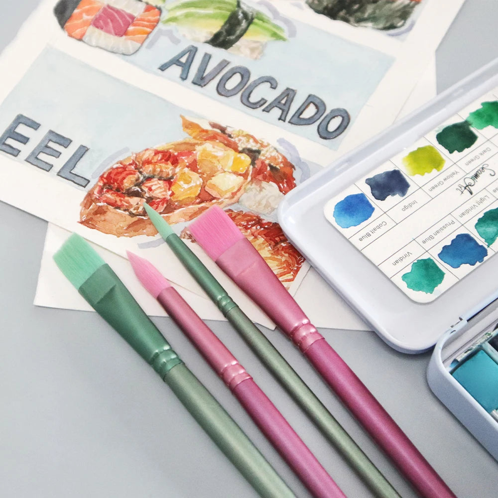 SeamiArt 4/6 Pcs. Different Colors Different Shapes Nylon Hair Painting Brush Set For Gouache Watercolor Oil Acrylic - Sun Studio