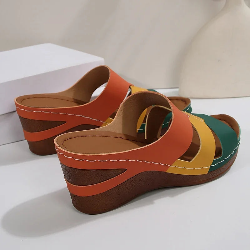 Summer Contrast Color Wedge Sandals for Women 2025 Comfortable Thick Sole Beach Slippers Woman Casual Anti Slip Outdoor Slides - Sun Studio