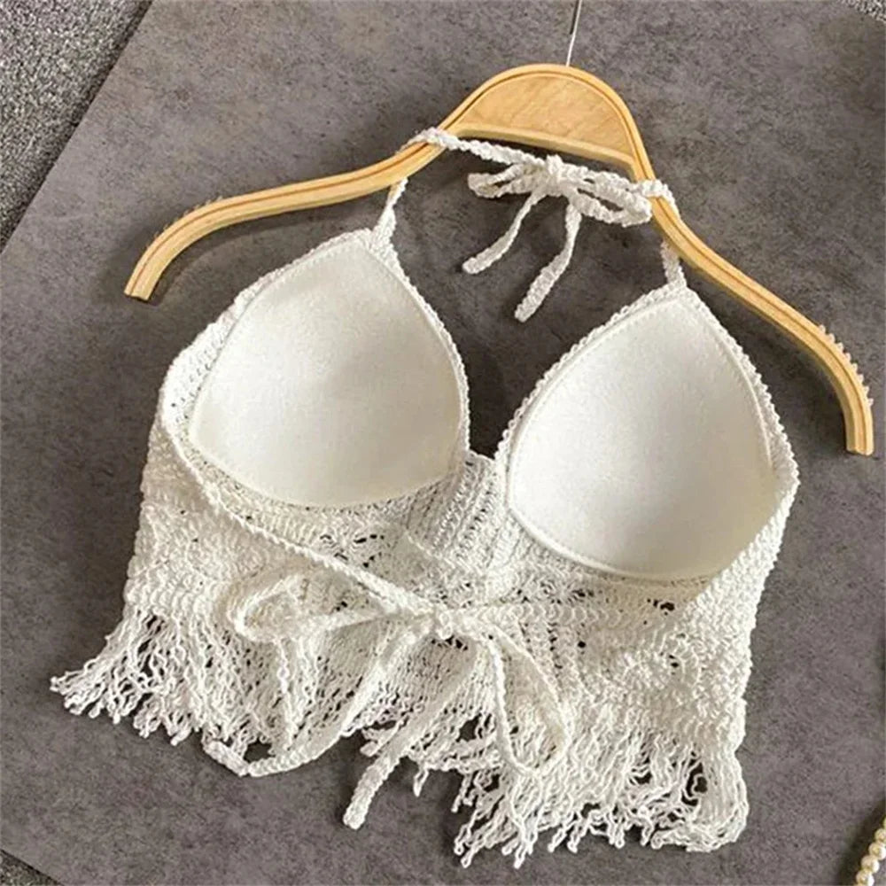 Sexy Boho Beach Holiday Camisole Halter Women Crochet Knit Swimsuit Bra Backless Vest Hollow Tassel Tank Top Women's Crop Tops - Sun Studio
