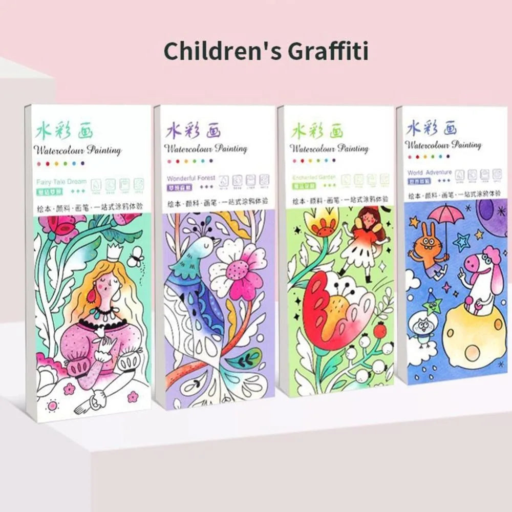12 Sheets/set Watercolor Painting Book With Paint Brush Gouache Book Portable Kids Graffiti Picture Drawing Stationery - Sun Studio