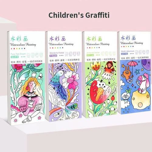 12 Sheets/set Watercolor Painting Book With Paint Brush Gouache Book Portable Kids Graffiti Picture Drawing Stationery - Sun Studio