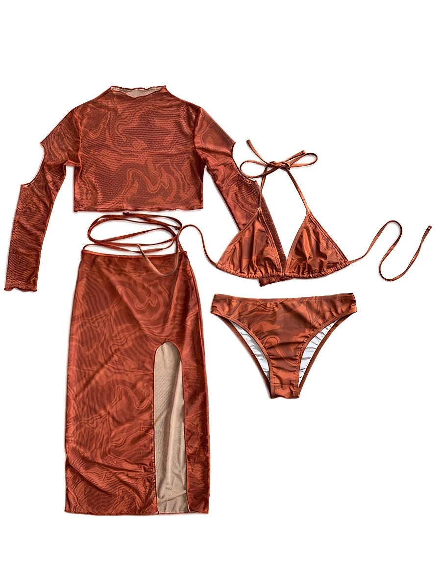 2026 Halter String 4 Piece Vent Long Skirt Bikini Swimsuit Women Swimwear Female Bather Bathing Swimming Swim Suit Beachwear - Sun Studio
