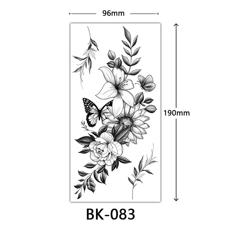 Rosenblüten-Tattoo Temporäres wasserdichtes Schmetterlings-Fake-Tattoo für Frauen Schwarzes Blumen-Skizzen-Tattoo-Aufkleber