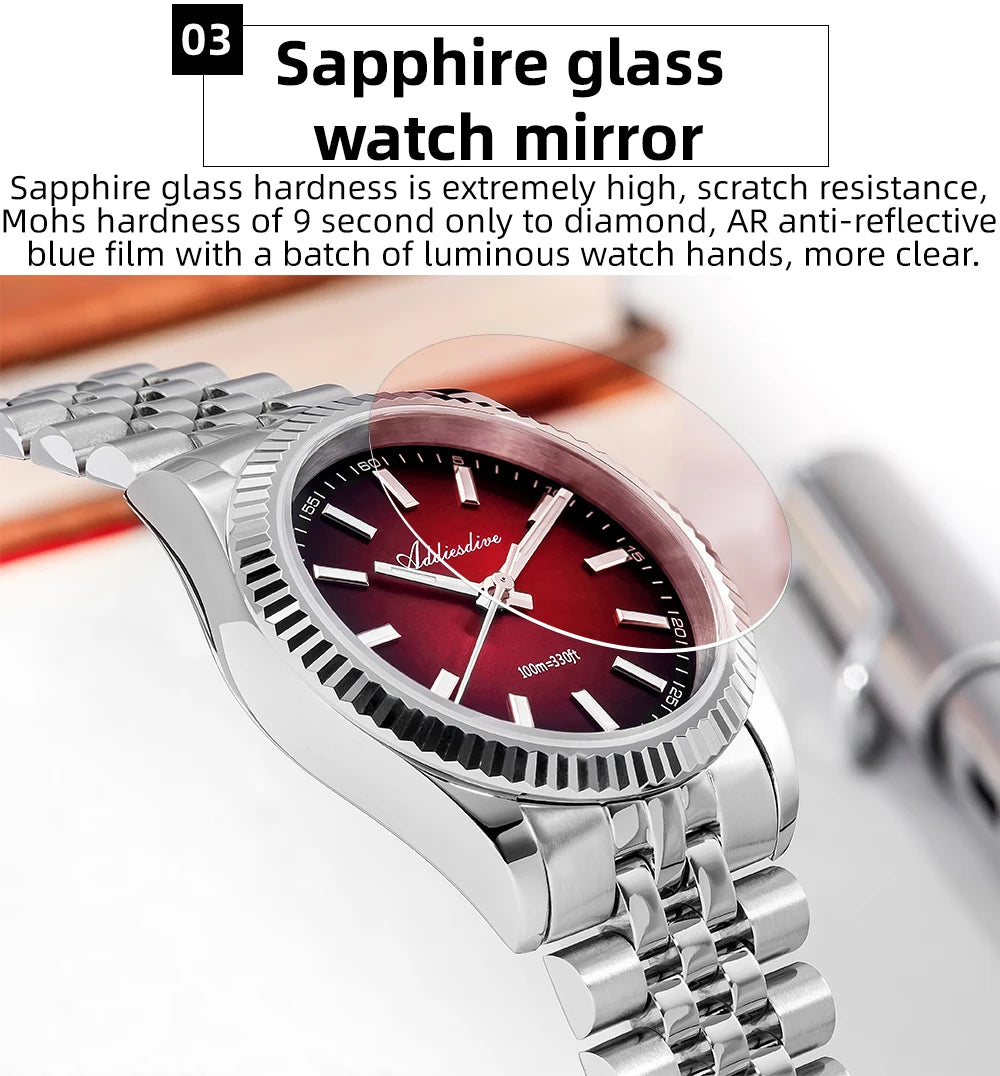 ADDIESDIVE AD2073 Men's Business Watch Sapphire Glass Stainless Steel Quartz Wristwatches Gradient Red Dial Watches Reloj Hombre - Sun Studio