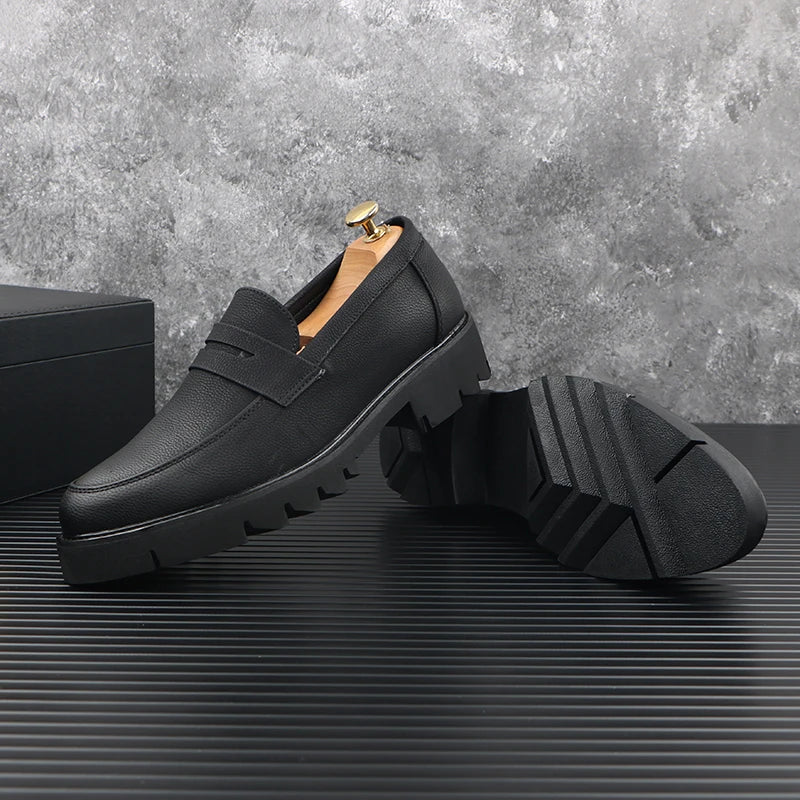 men casual genuine leather shoes slip-on driving shoe business wedding formal dress black trendy platform loafers mans footwear - Sun Studio