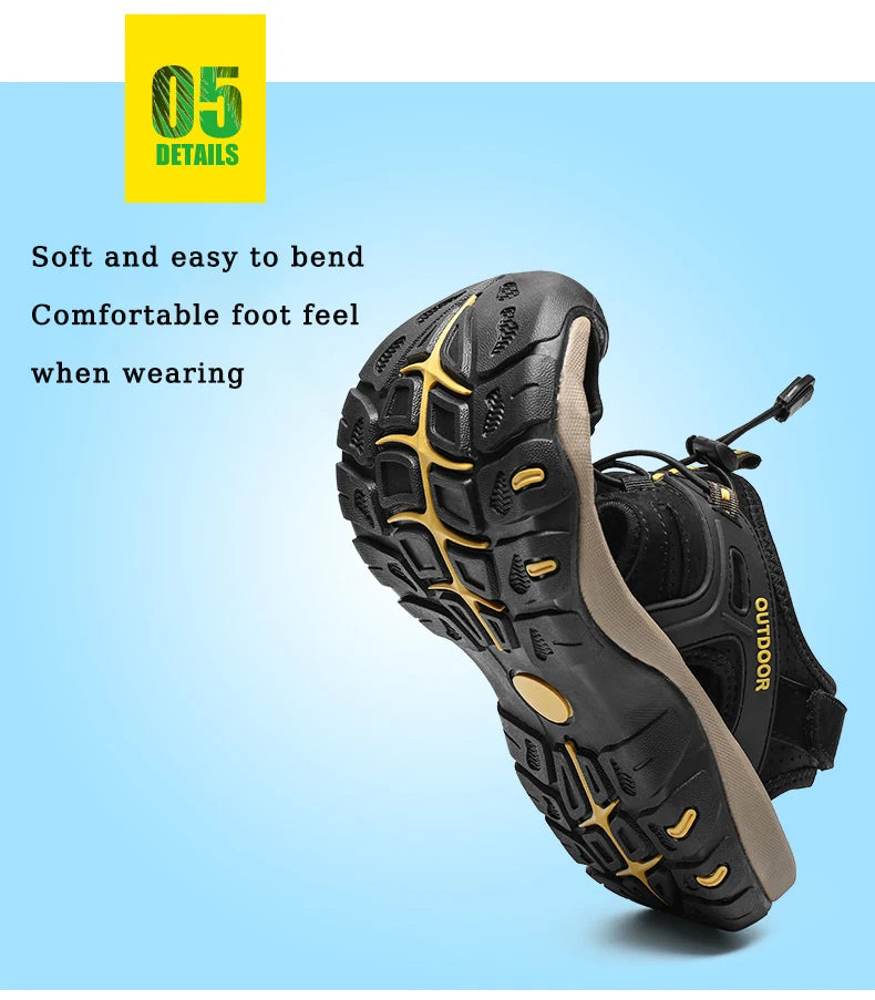 Men's Sandals Top Cowhide Upper Hollow Out Round Toe Outdoor Beach Walking Non Slip Durable Summer Beach Shoes Adjustable Buckle - Sun Studio