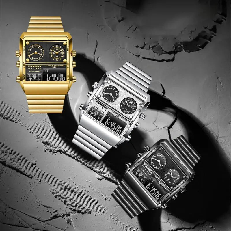 FOXBOX New Creative Square Watch Men Top Brand Luxury Digital Watch Fashion Dual Display Watches For Men Relogio Masculino+BOX - Sun Studio