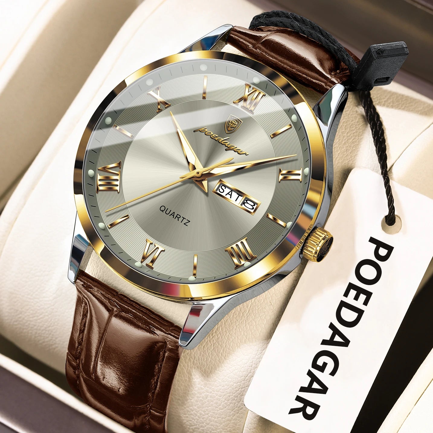 POEDAGAR Classic Luxury Men's Wristwatch Date Week Leather Business Man Watch Waterproof Luminous Fashion Quartz Watches For Men - Sun Studio