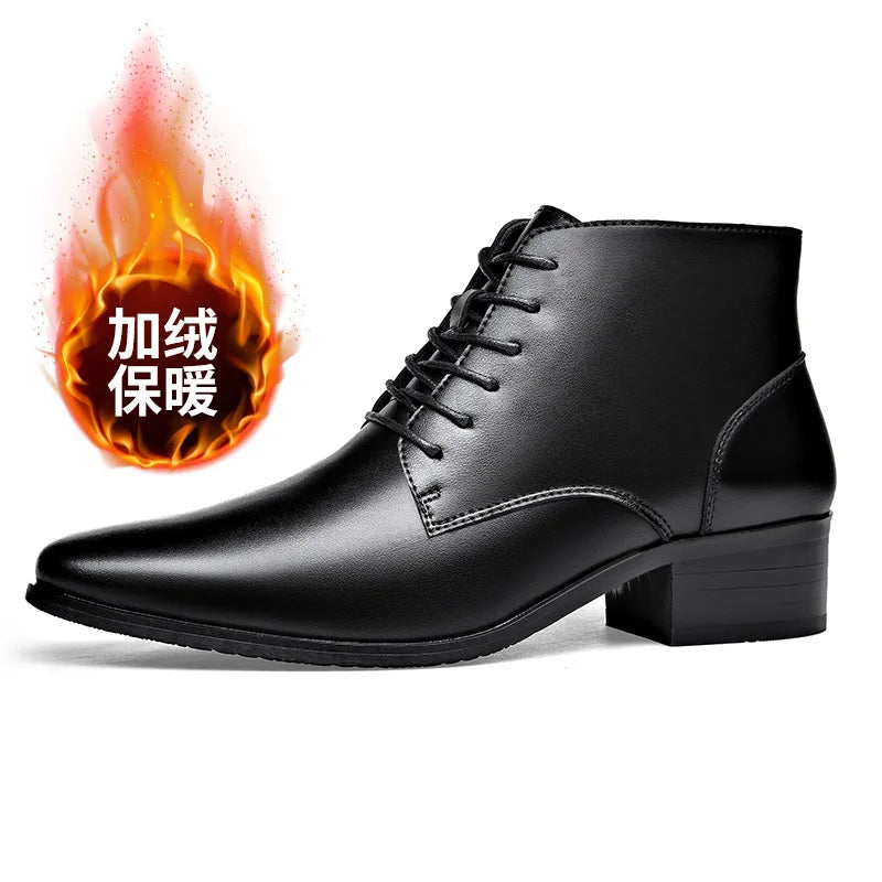Men's Boots Fashion High-top Casual Boot Pointed Tip Business Leather Boots for Men Plush Warm Winter Boots Lace Up Ankle Botas - Sun Studio
