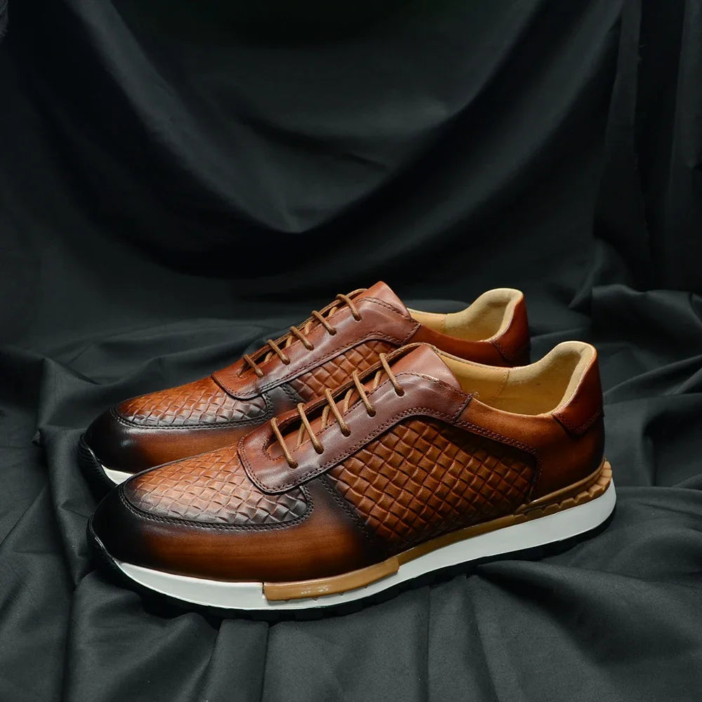 4 Colors Genuine Leather Man Luxury Sneakers Plaid Weave Pattern Lace-up Men Casual White Oxford Shoes Deals Spring Autumn 2024 - Sun Studio