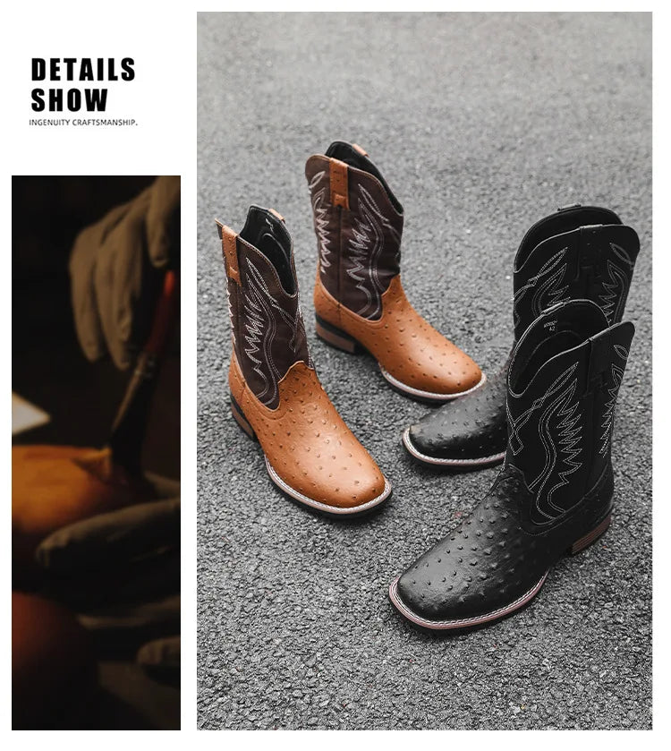 Men's Classic Retro Western Cowboy Boots Embossed Leather Mens Fashion Embroidery Mid-Calf Boot High top Casual Shoes for Men - Sun Studio