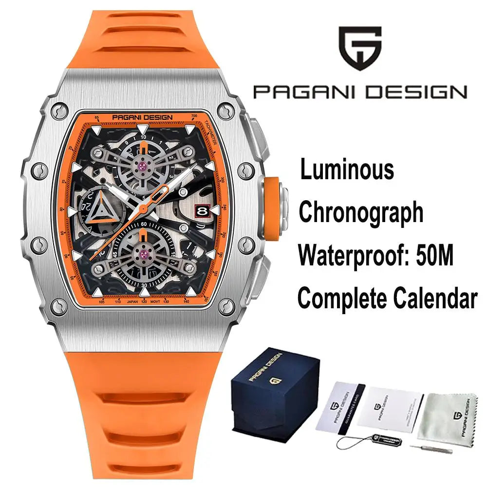 PAGANI DESING Men's Quartz Watches Skeleton Dial 100M Waterproof Sport Rectangle Sapphire glass Watch for Men - Sun Studio
