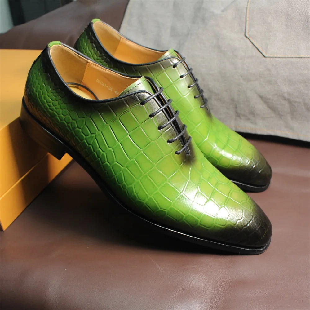 FELIX CHU Men's Genuine Cow Leather Shoes Crocodile Print Business Green Dress Shoes Formal Wedding Footwear for Spring Autumn - Sun Studio
