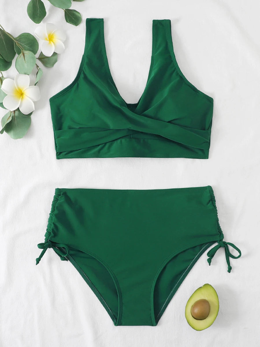 Drawstring High Waist Bikini 2023 Women Solid Swimwear Female Cross Front Swimsuit Padded Beachwear Bather Bathing Swimming Suit - Sun Studio