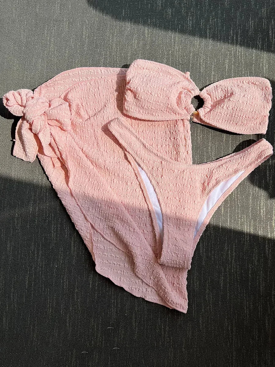 With Sarong Bandeau Strapless Wrinkled Bikini Women Swimwear Female Swimsuit Three-pieces Bikini set Bather Bathing Suit Swim - Sun Studio