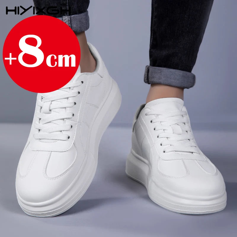 New men's leather elevator shoes 6 cm 8 cm invisible height increase white black sneakers leather height increase casual shoes - Sun Studio