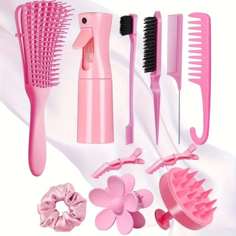 Hair Brush Comb Set with Spray Bottle & Scalp Massager, Wet Dry Curly Hair Detangling Kit, Wide Tooth Combs for Women Men - Sun Studio