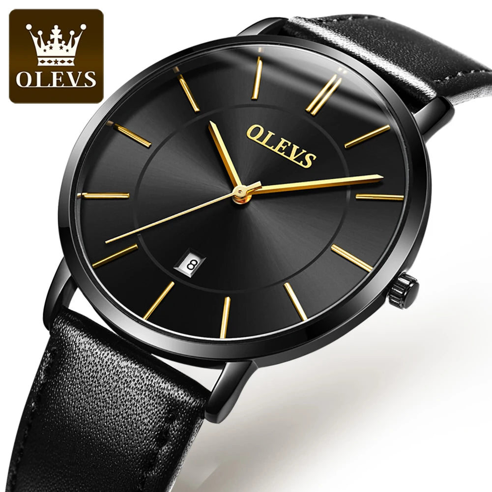 OLEVS 6.5mm Ultra Thin Quartz Watches Mens Top Brand Luxury Leather Waterproof Clock Male Classic Men Business Watch with Date - Sun Studio