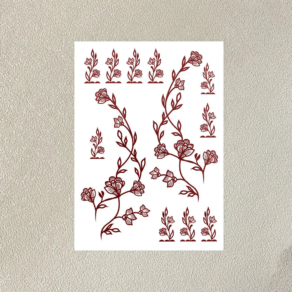 Wasserdichtes Blumen Hand Tattoo für Frauen Maroon Henna Tattoo Aufkleber für Hand Finger Körperkunst Einweg Fake Tattoo Festival