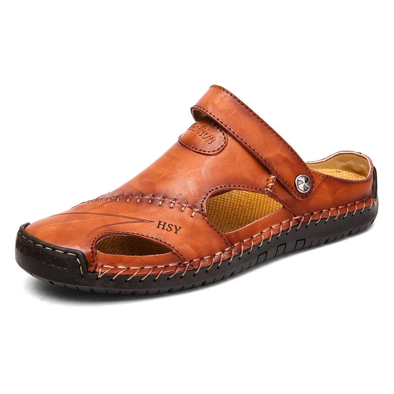 Large Size Men's Sandals Casual Leather Beach Shoes Breathable Slip-On Durable Stitched Construction Comfortable Walking Sandals - Sun Studio