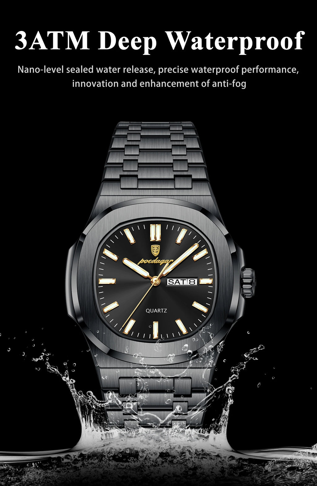 POEDAGAR Luxury Square Men's Watches Waterproof Luminous Date Week Men Watch Stainless Steel Fashion Quartz Man Wristwatch Reloj - Sun Studio