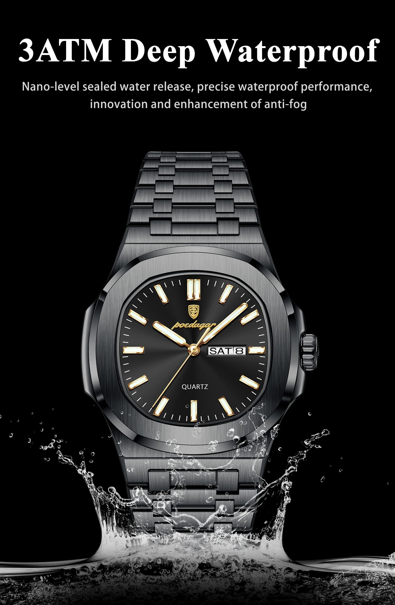 POEDAGAR Luxury Square Men's Watches Waterproof Luminous Date Week Men Watch Stainless Steel Fashion Quartz Man Wristwatch Reloj - Sun Studio