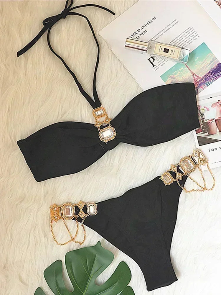 Halter Rhinestone Diamant Bikini Frauen Badeanzug Weibliche Bikinis Metallkette Badebekleidung Zweiteiliges Bikini Set Badeanzug Schwimmen Damen