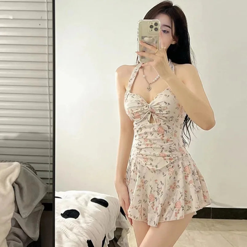 sexy Korean fashion conservative swimsuit one piece floral print wrinkled knot mini dress culottes bikinis padded swimwear - Sun Studio