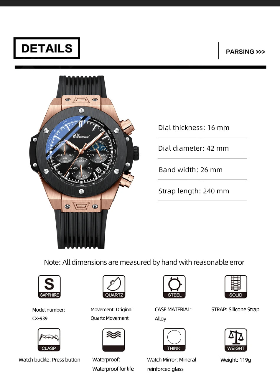 CHENXI Top Brand Luxury Watches for Mens Creative Fashion Luminous Dial with Chronograph Clock Male Casual Wristwatches - Sun Studio