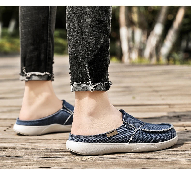 Casual Slip on Mens Shoes Outdoor Walking Comfortable Canvas Slippers Korean Trend Baotou Half Drag Slides Zapatillas Hombre - Sun Studio