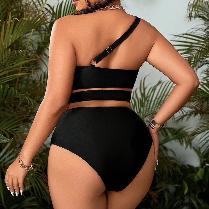 2024 Plus Size Swimwear One Shoulder Cut Out Black Sexy Women's Swimsuit Curvy Female Bikini Sets - Sun Studio