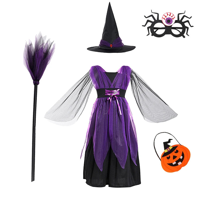 2-15Y Girls Halloween Witch Costume Children Cosplay Vampire Bat Dresses Carnival Party Clothes Children's Halloween Gifts - Sun Studio