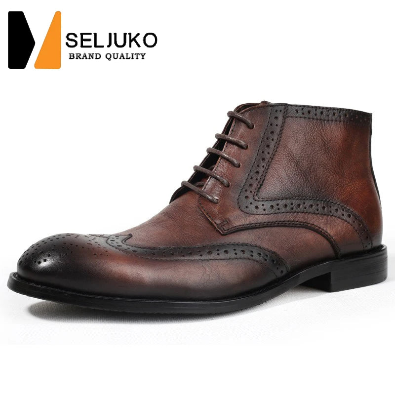 British Brock Carved Leather Boots Retro Business Formal Leather Shoes Fashion Men's Boots Cowhide Men's Short Boots - Sun Studio