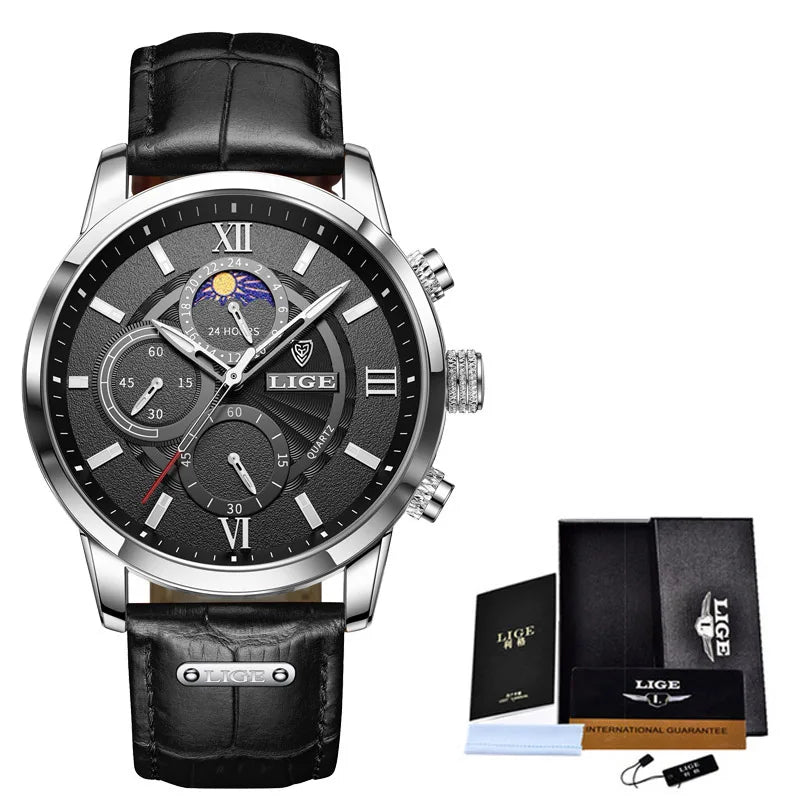 LIGE 2024 Brand New Men's Watches Leather Chronograph Waterproof Sports Automatic Date Quartz Watches for Men Relogio Masculino - Sun Studio
