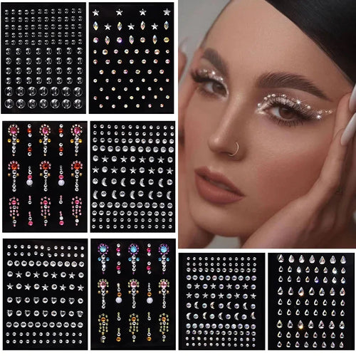 1 Pc Disposable Tattoo Stickers Face Jewelry Color Crystal Diamond DIY Eyes Face Body Waterproof Makeup Decorations Rhinestones - Sun Studio