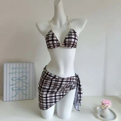 Low-Waist Plaid Bikini with Drawstring Strap Thermal Spring Swimsuit Women's Fashionable Vintage Lace Detailing By-Jane - Sun Studio