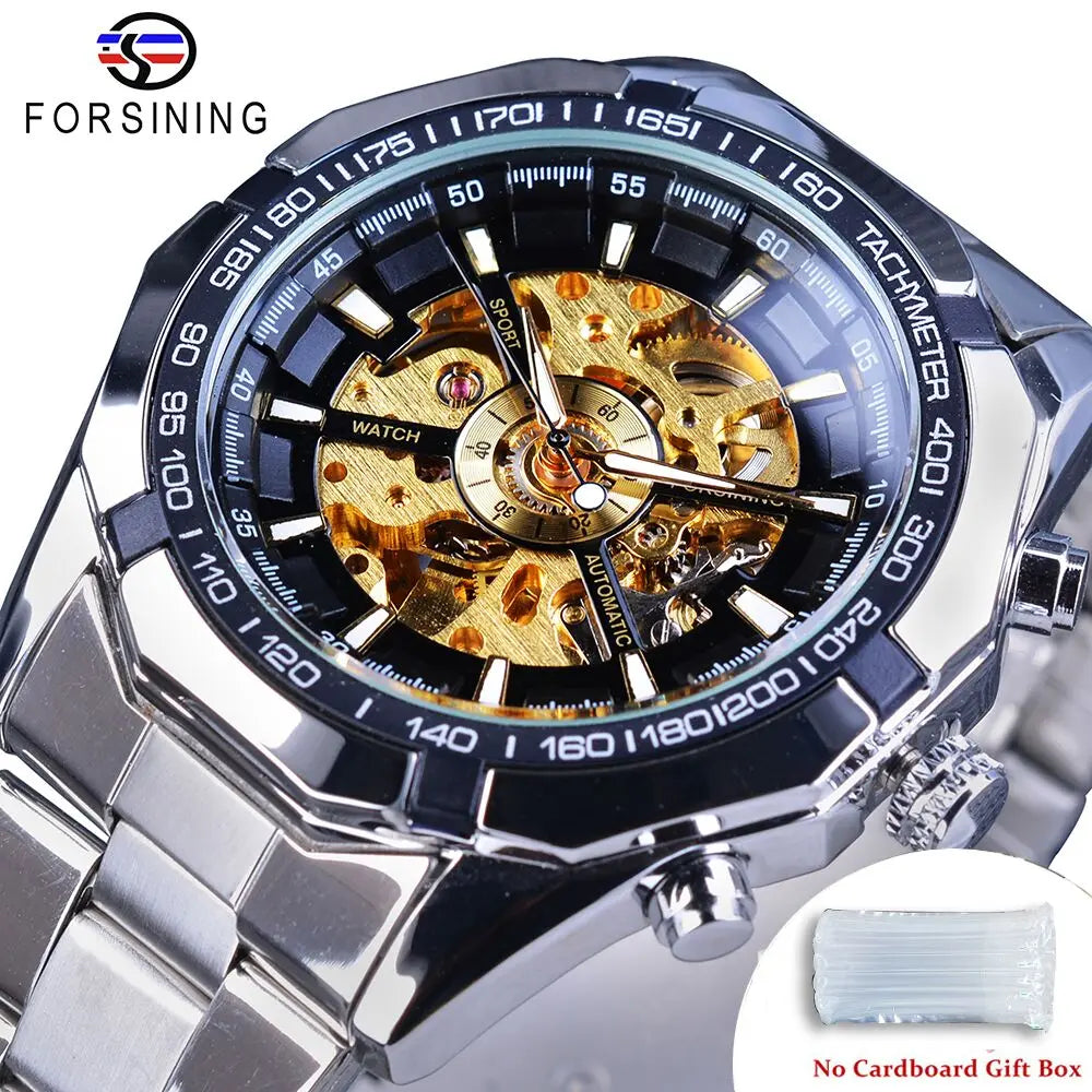 Forsining 2021 Stainless Steel Waterproof Mens Skeleton Watches Top Brand Luxury Transparent Mechanical Sport Male Wrist Watches - Sun Studio