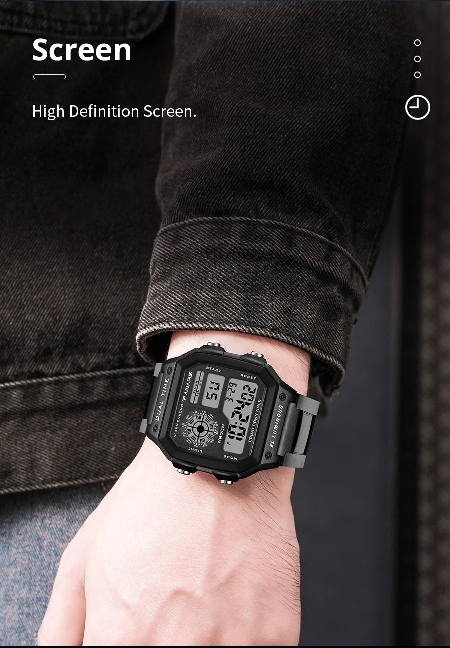 PANARS Top Luxury Stainless Steel Strap Sport Watches Mens Waterproof Back Light Digital Wristwatch Male Alarm - Sun Studio