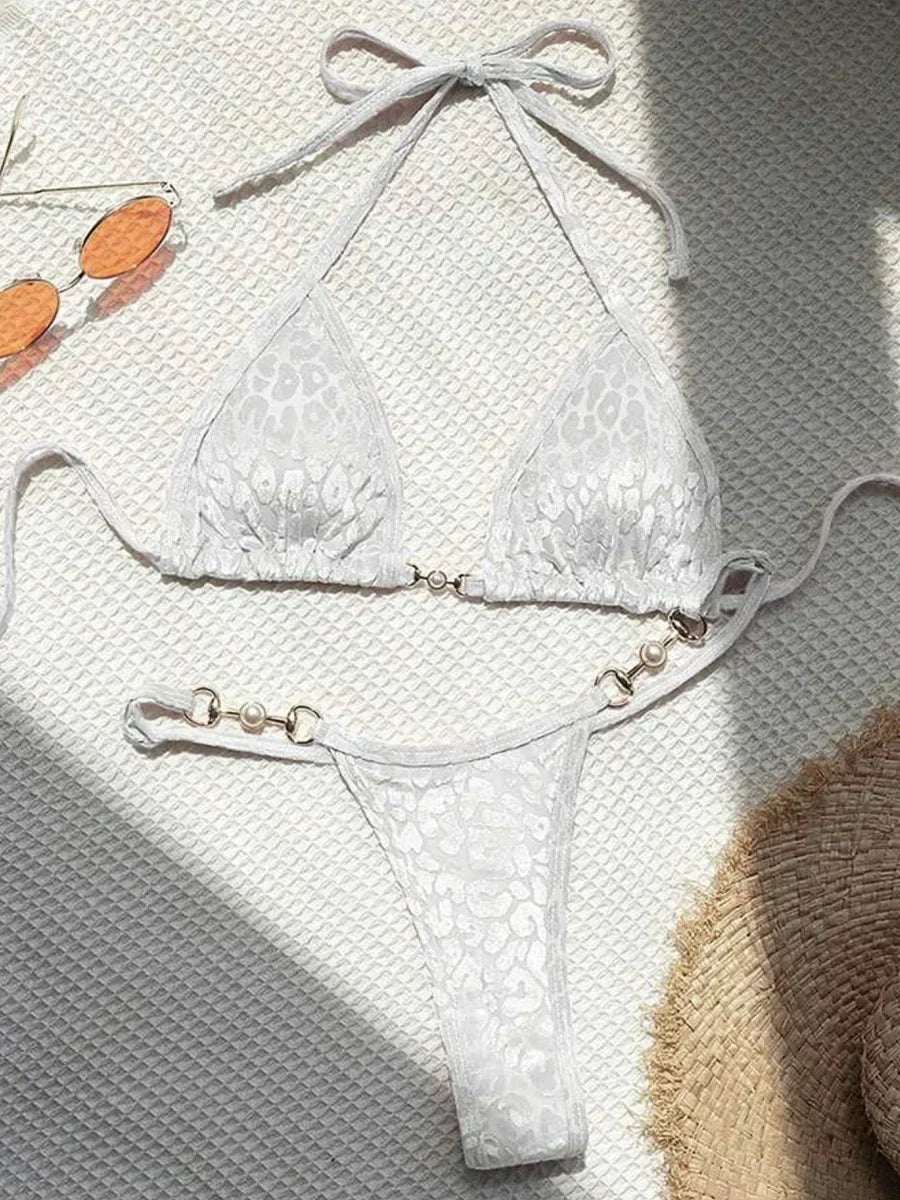 Sexy Leopard Velvet Bikini Mini Micro Thong Bikinis Women Swimwear Female Swimsuit Two-piece Bikini Set Halter Bathing Suit Swim - Sun Studio