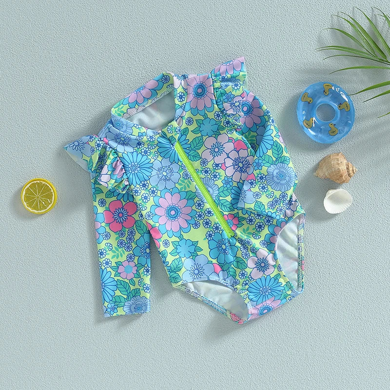 Infant Girls Rash Guard Swimsuit Floral Print Zipper Long Fly Sleeve Sun Protection Bathing Romper Swimwear - Sun Studio