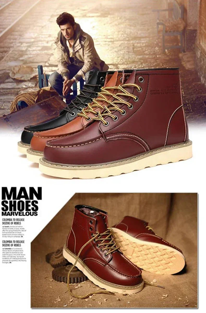 Winter Leather Men Boots Warm Mens Snow Boots with Fur Waterproof Handmade Male Ankle Boots No-slip High Top Male Work Shoes - Sun Studio