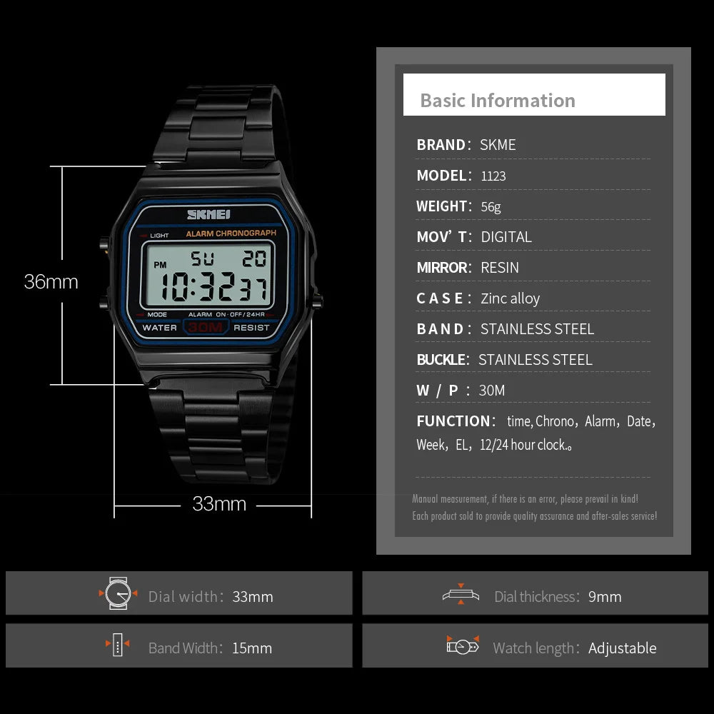 SKMEI Stainless Steel Strap Electronic Watches For Men Women Casual Sport Waterproof LED Display Digital Wristwatch and Bracelet - Sun Studio