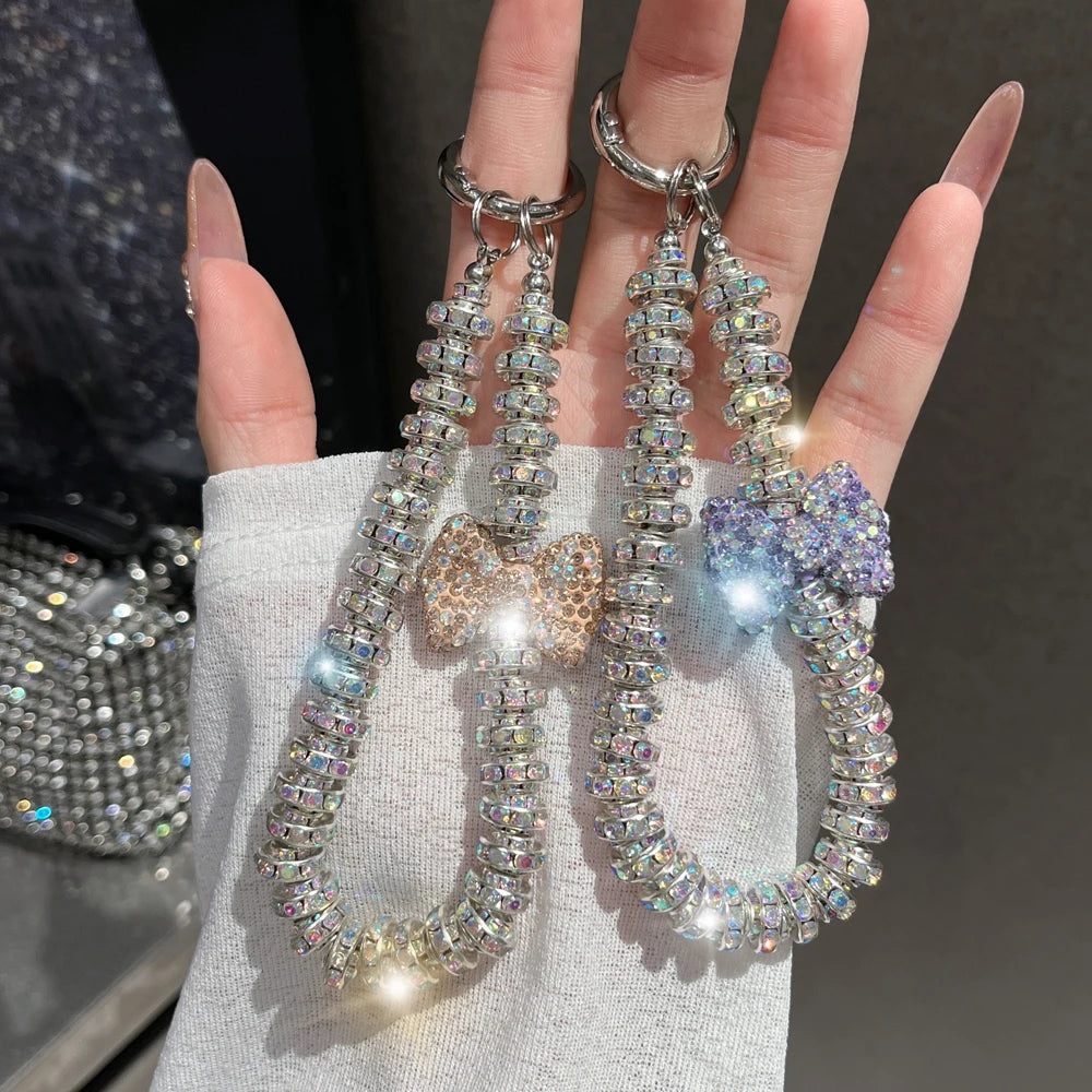 Rhinestone Bow phone wrist strap Luxury Crystal Bead Key Chains Charm Lanyard for Iphone cell phone strap glitter Jewelry Gift - Sun Studio