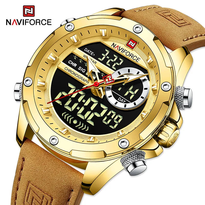 NAVIFORCE Luxury Original Watches For Men Casual Sport Chronograph Alarm Quartz WristWatch Leather Waterproof Digital Clock 9163 - Sun Studio
