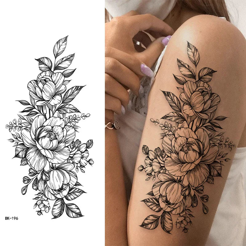 Schwarz Weiß Temporäre Transfer Tattoos Florale Schmetterlinge Schriftzüge Linienkunst Wasserfeste Körperaufkleber für Musikfestival Party