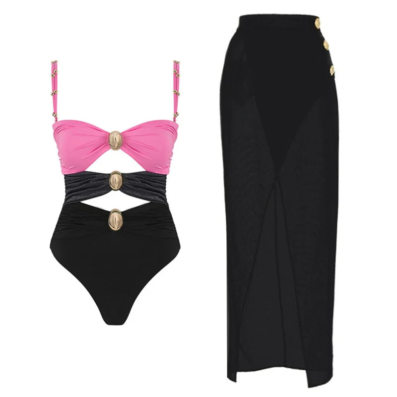 2024 Sexy Women's Swimsuit with Skirt One-Piece Swimwear Vintage Ruffle V Neck Cover Up Bikinis Set Beachwear Bathing Suit - Sun Studio