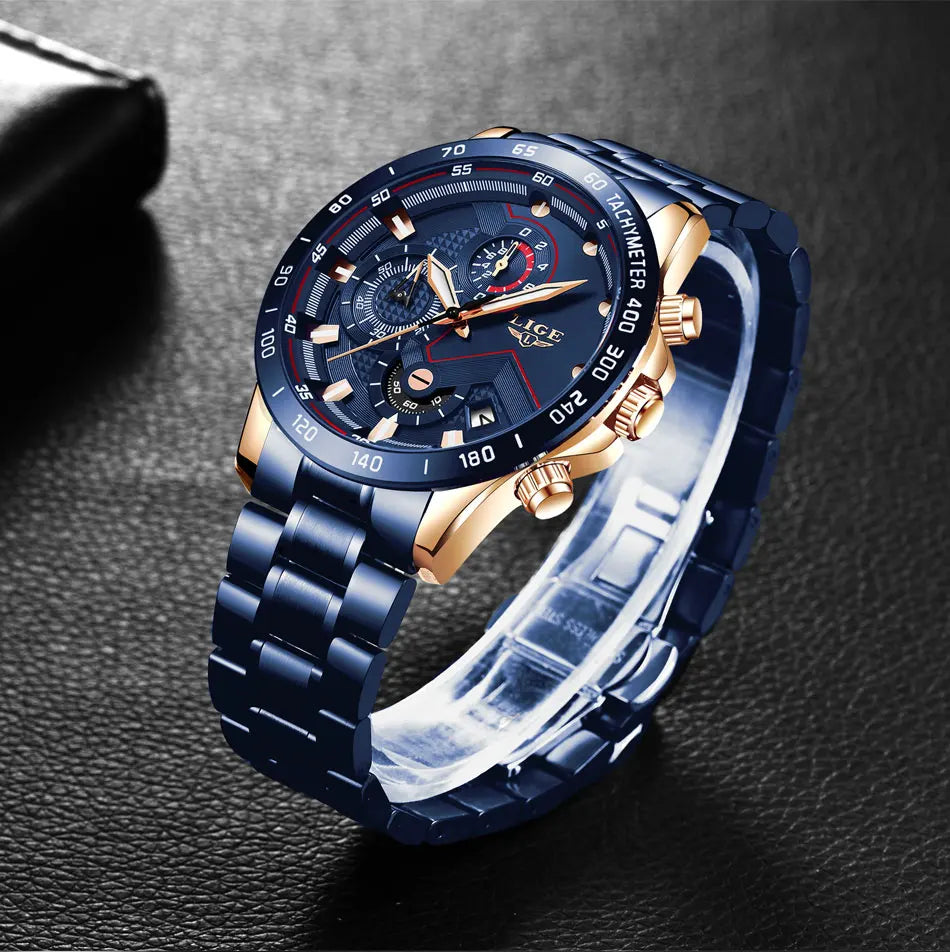 LIGE Business Men Watch Luxury Brand Stainless Steel Wrist Watch Chronograph Army Military Quartz Watches Relogio Masculino+BOX - Sun Studio
