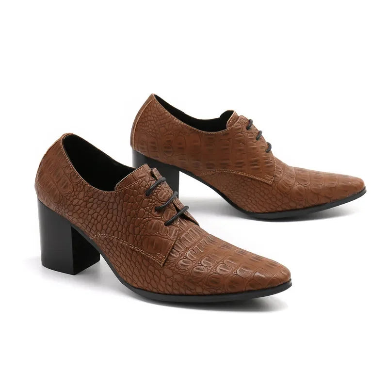 Handmade Man Office Crocodile Pattern High Heel Shoes Lace Up Business Party Dress Shoes Wedding Pointed Toe Cow Leather Shoes - Sun Studio